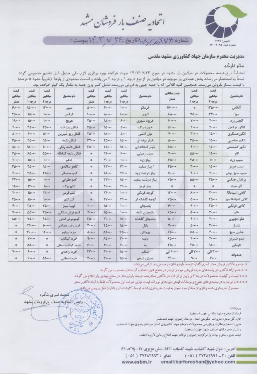 قیمت میوه و صیفی جات در میادین تره بار مشهد (۲۴ مهر ۱۴۰۳) | ۳ مدل سیب در بازار