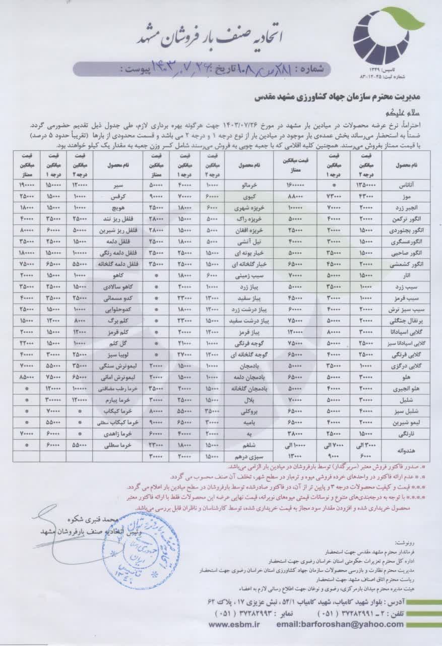 میوه‌های فصل امروز چند؟ (۲۶ مهر ۱۴۰۳)