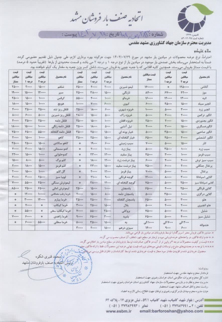 قیمت میوه و صیفی جات در میادین تره بار مشهد (۲۹ مهر ۱۴۰۳) | ۵ مدل انگور در بازار