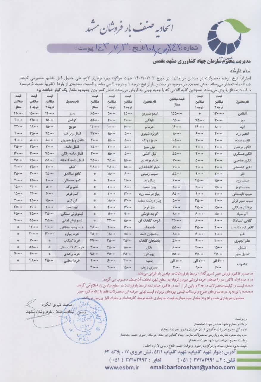 قیمت عمده امروز میوه و صیفی جات در مشهد (۳ مهر ۱۴۰۳) | موز کیلویی چند؟