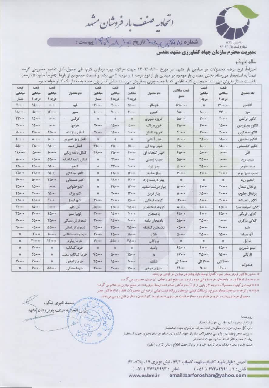 قیمت امروز میوه و صیفی جات در مشهد (۱۰ آبان ۱۴۰۳) | پیاز از ۱۰ تا ۱۳ هزار تومان در میادین میوه و تره بار