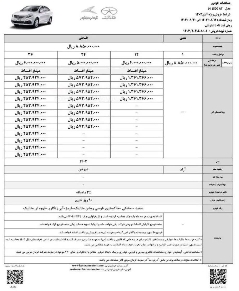 فروش ۹۰ روزه چهار خودرو کرمان موتور از امروز  (۱۲ آبان ۱۴۰۳) + جزئیات