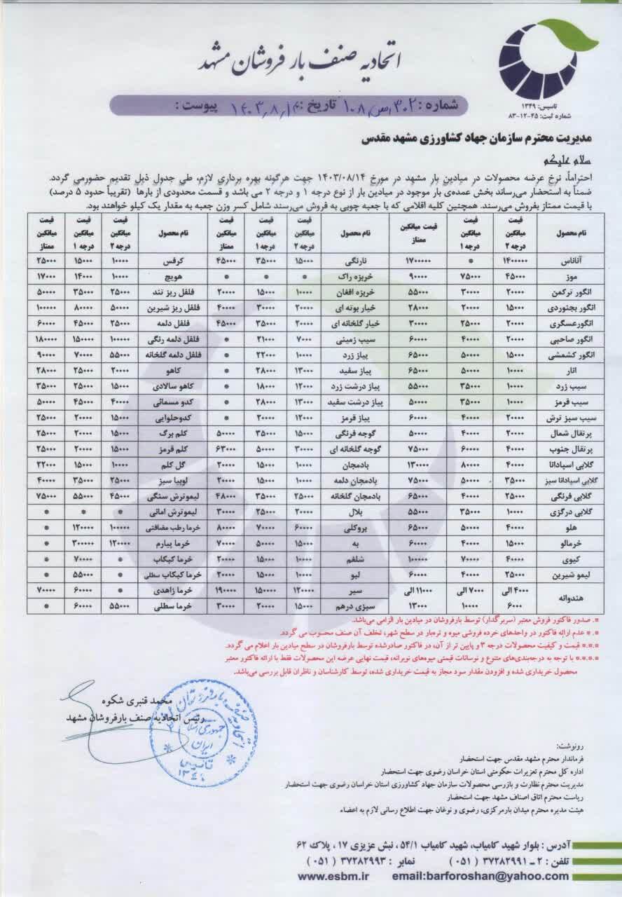 قیمت امروز میوه در مشهد (۱۴ آبان ۱۴۰۳) | نارنگی کیلویی ۱۵ هزار تومان