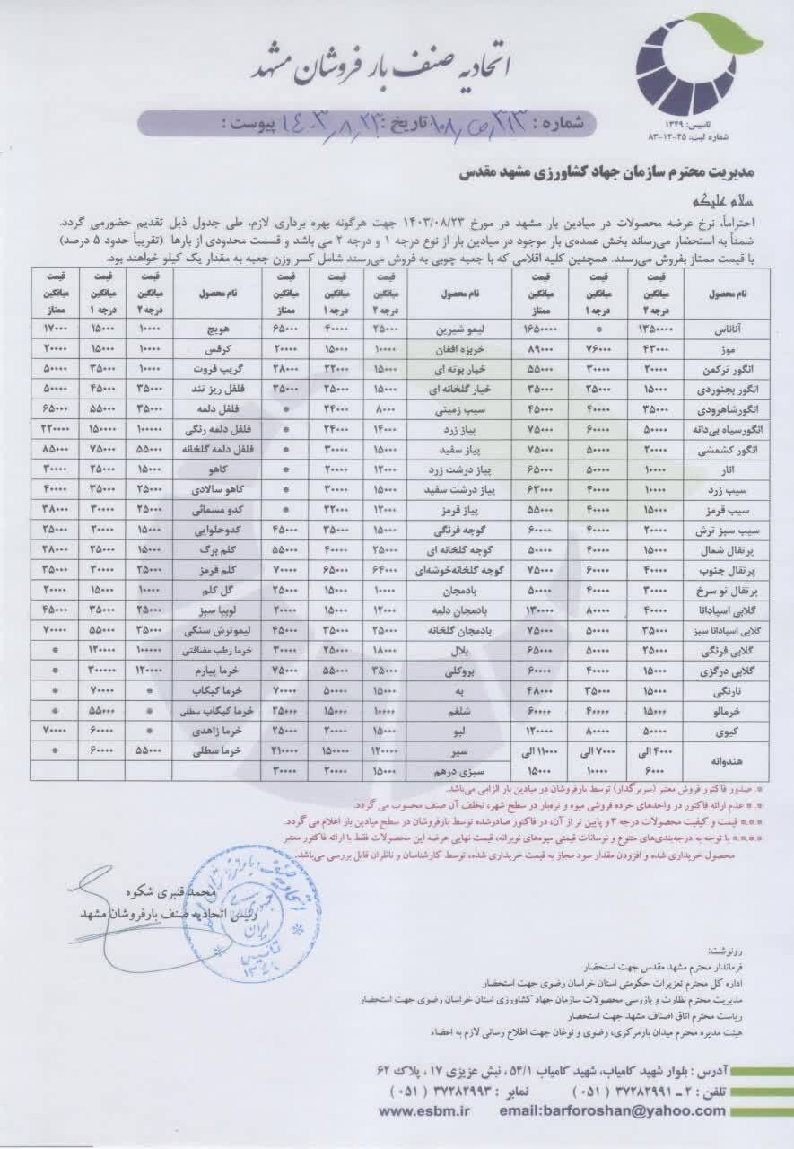 قیمت امروز میوه و صیفی جات در مشهد (۲۳ آبان ۱۴۰۳) | موز را چند بخریم؟
