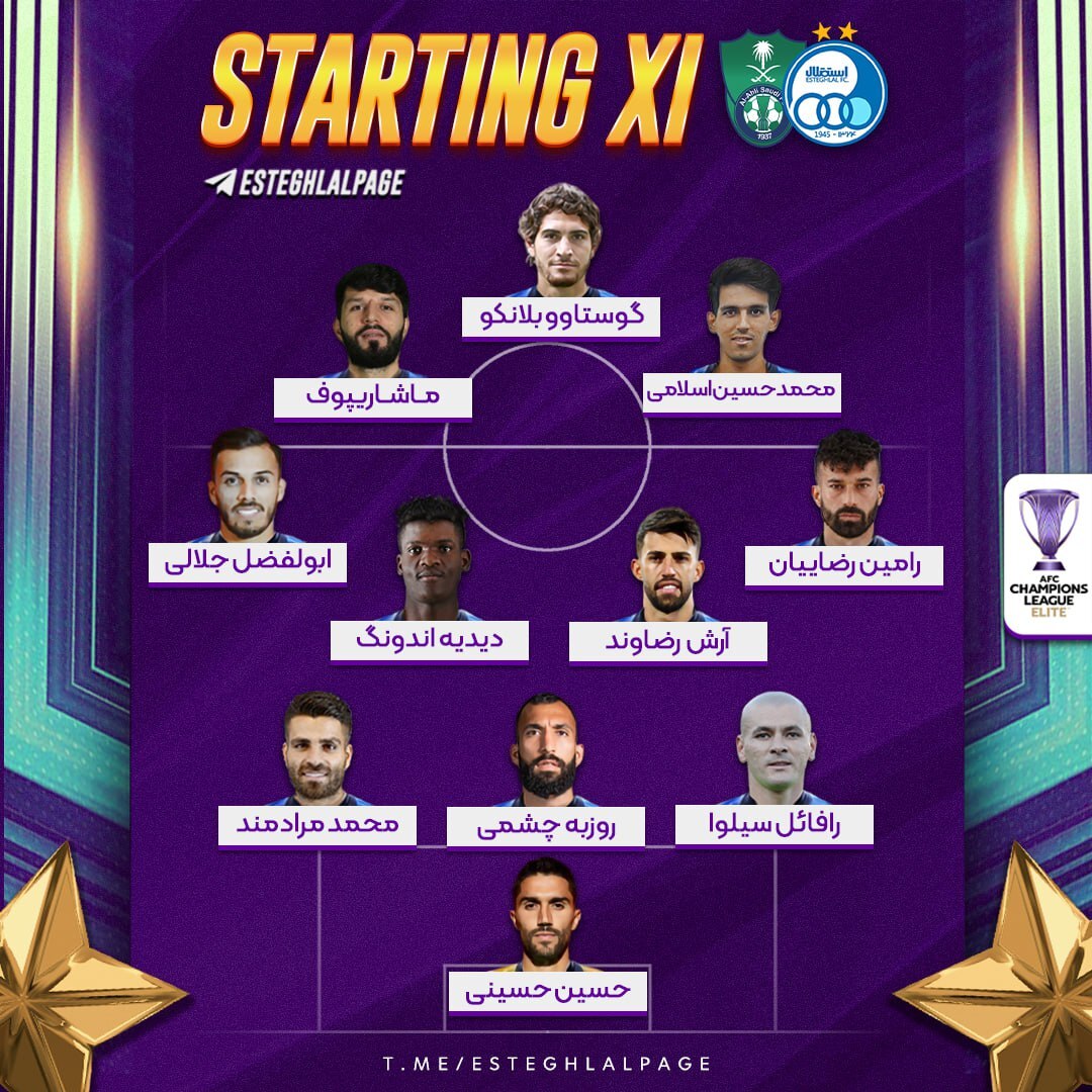 ترکیب استقلال برابر الاهلی در لیگ نخبگان مشخص شد + شماتیک ترکیب (۱۲ آذر ۱۴۰۳) ترکیب استقلال برابر الاهلی در لیگ نخبگان مشخص شد + شماتیک ترکیب (۱۲ آذر ۱۴۰۳)