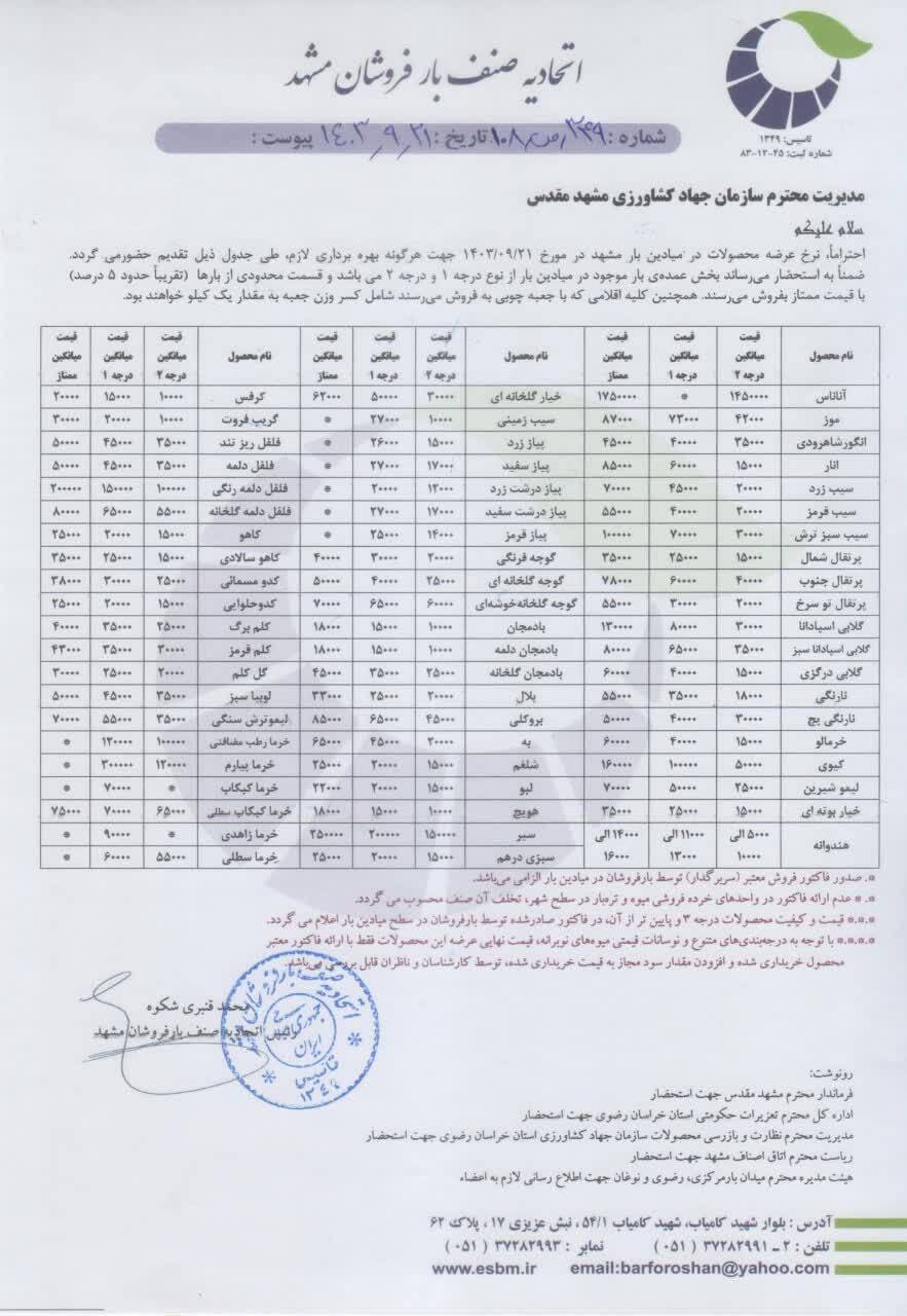 جدول قیمت میوه در مشهد منتشر شد (۲۱ آذر ۱۴۰۳) جدول قیمت میوه در مشهد منتشر شد (۲۱ آذر ۱۴۰۳)