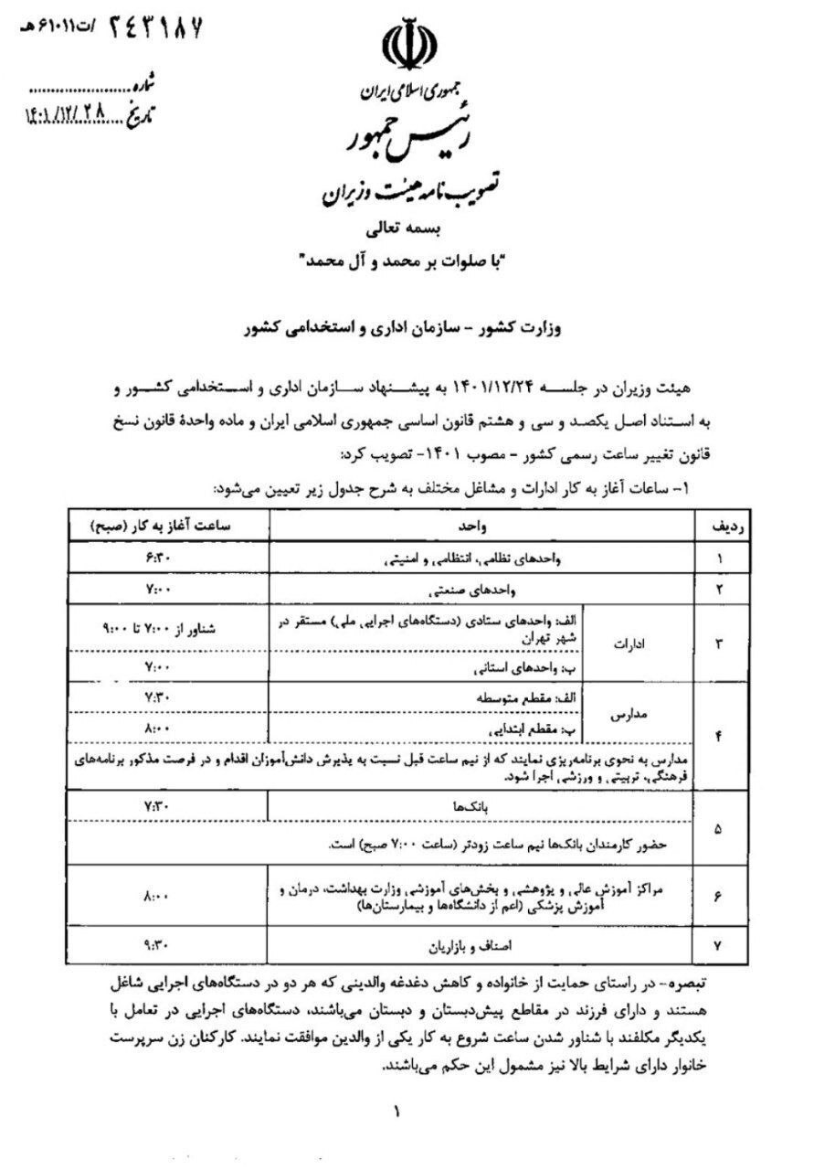 اعلام ساعت کاری ادارات از ۱۶ فروردین اعلام ساعت کاری ادارات از ۱۶ فروردین