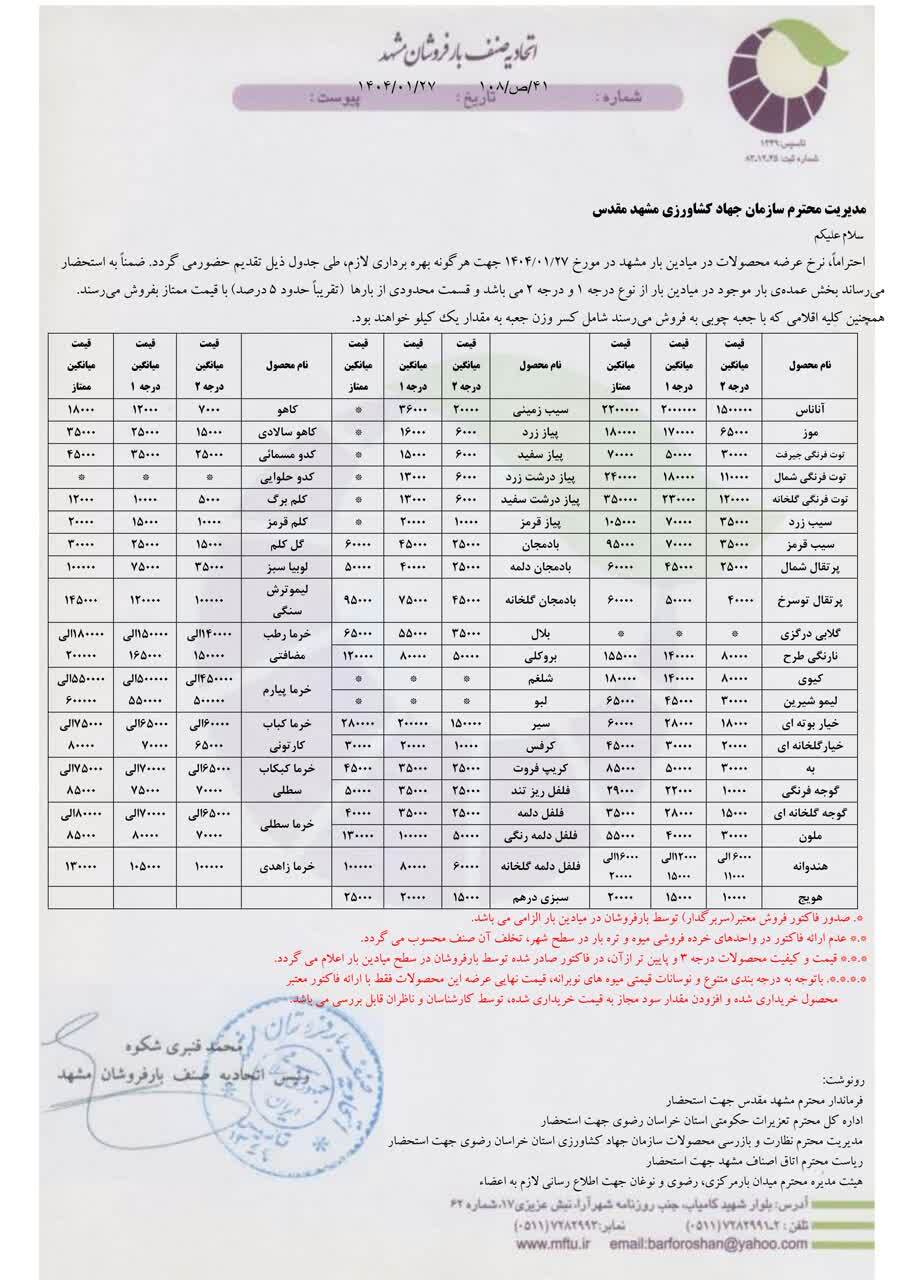 قیمت امروز میوه و تره بار در مشهد اعلام شد (۲۷فروردین ۱۴۰۴) | سیر کیلویی ۱۵۰ هزار تومان