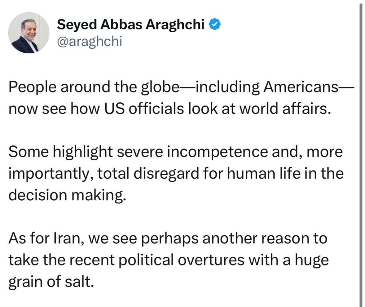 عراقچی: پیشنهادات سیاسی آمریکا را با تردید زیاد مینگریم عراقچی: پیشنهادات سیاسی آمریکا را با تردید زیاد مینگریم