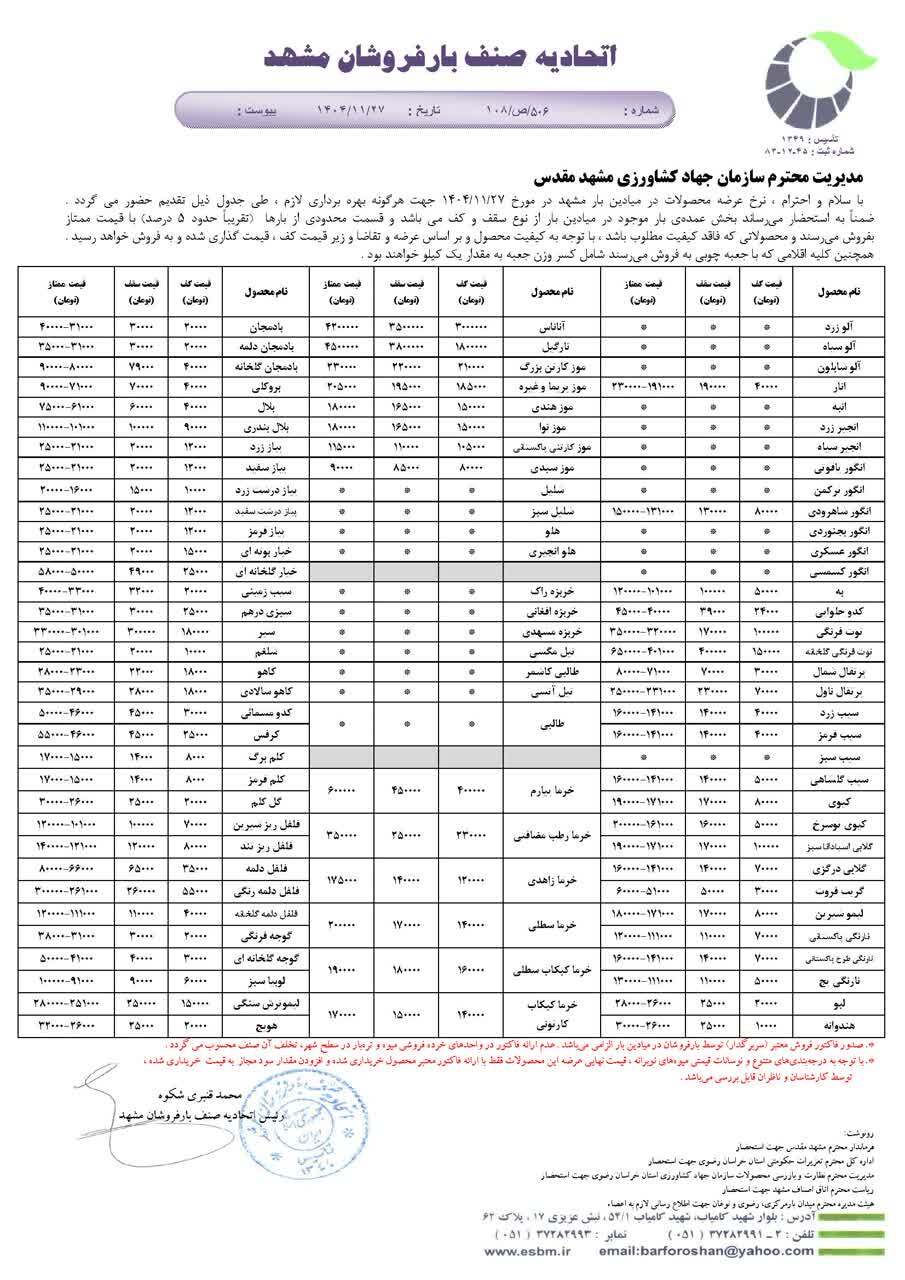 قیمت امروز میوه و تره بار در مشهد (۲۷ بهمن ۱۴۰۴) | خرما در آستانه ماه رمضان کیلویی چند؟