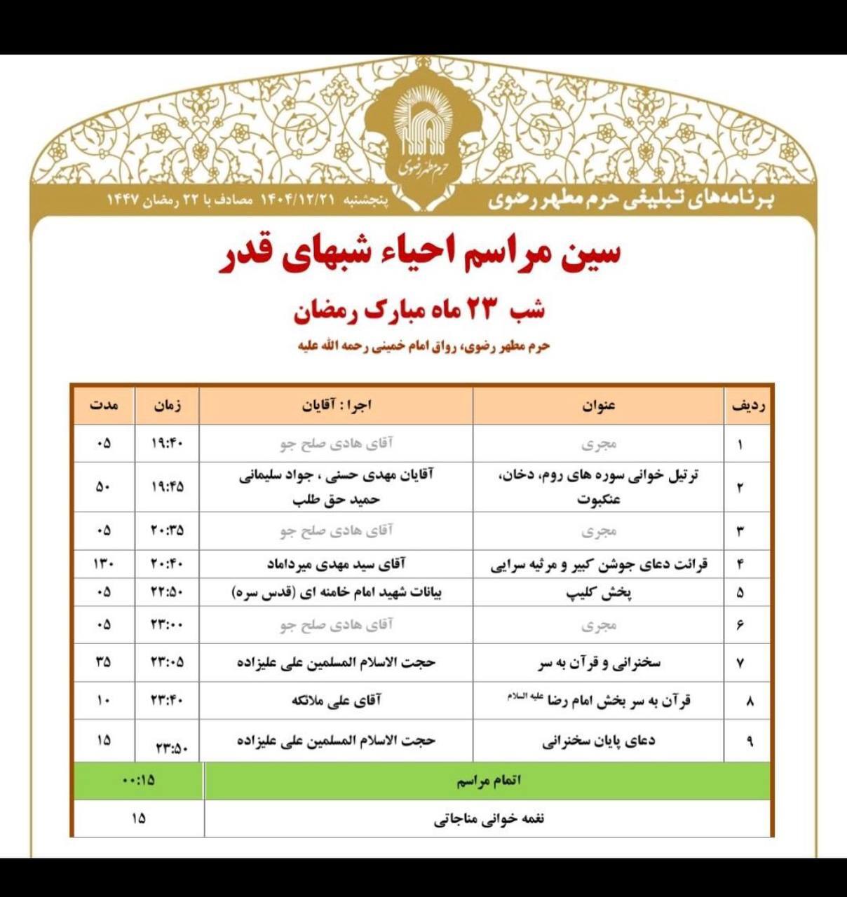برگزاری مراسم احیای شب نوزدهم ماه مبارک رمضان در حرم امام رضا(ع)