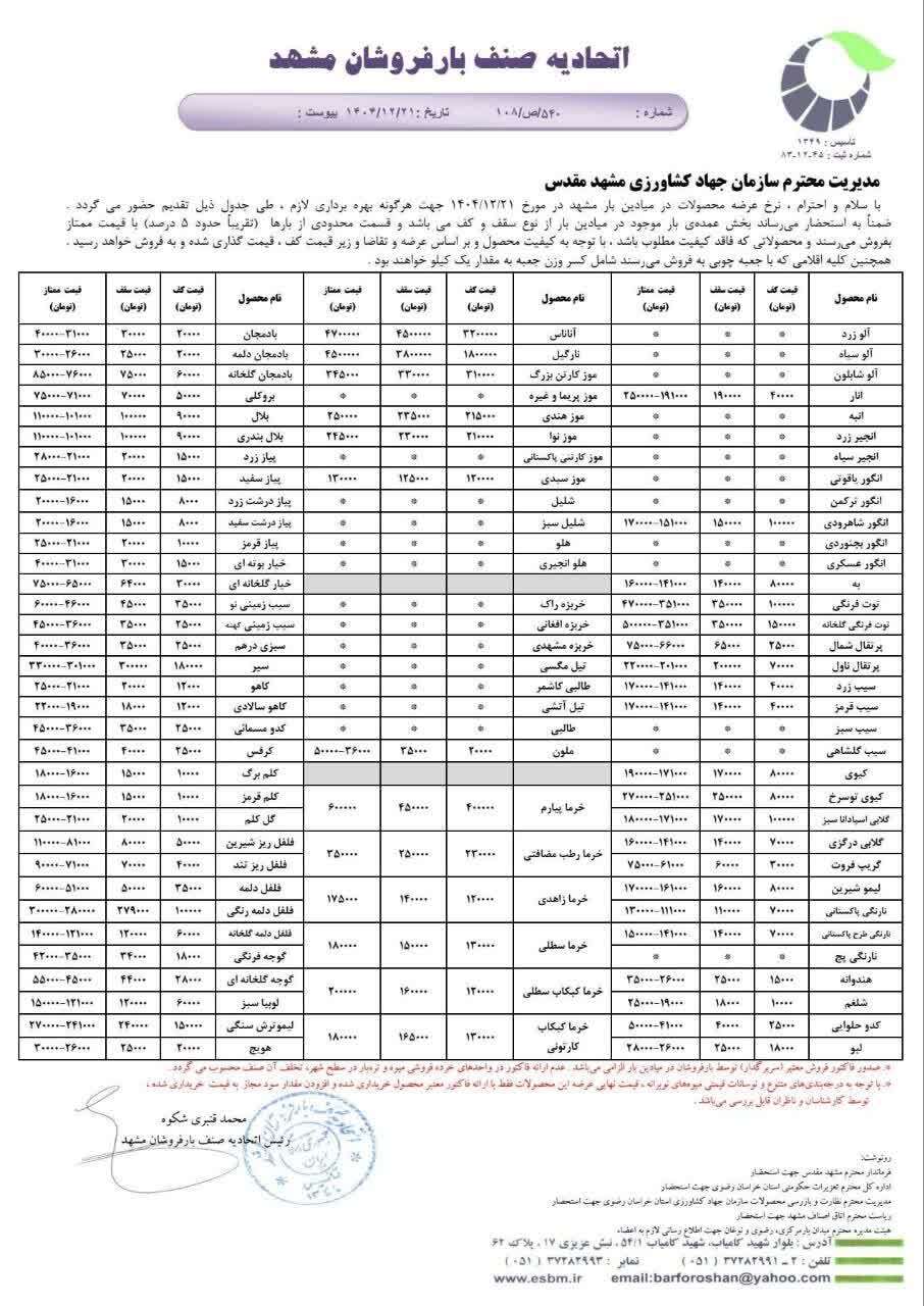قیمت امروز میوه و تره بار در مشهد (۲۱ اسفند ۱۴۰۴) | عرضه فراوان سیبزمینی، پیاز و میوه در تره بار قیمت امروز میوه و تره بار در مشهد (۲۱ اسفند ۱۴۰۴) | عرضه فراوان سیبزمینی، پیاز و میوه در تره بار