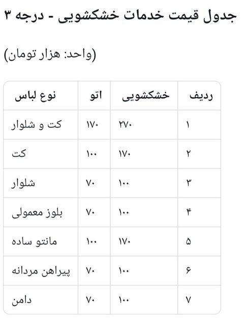 نرخ خشکشویی در تهران چند؟