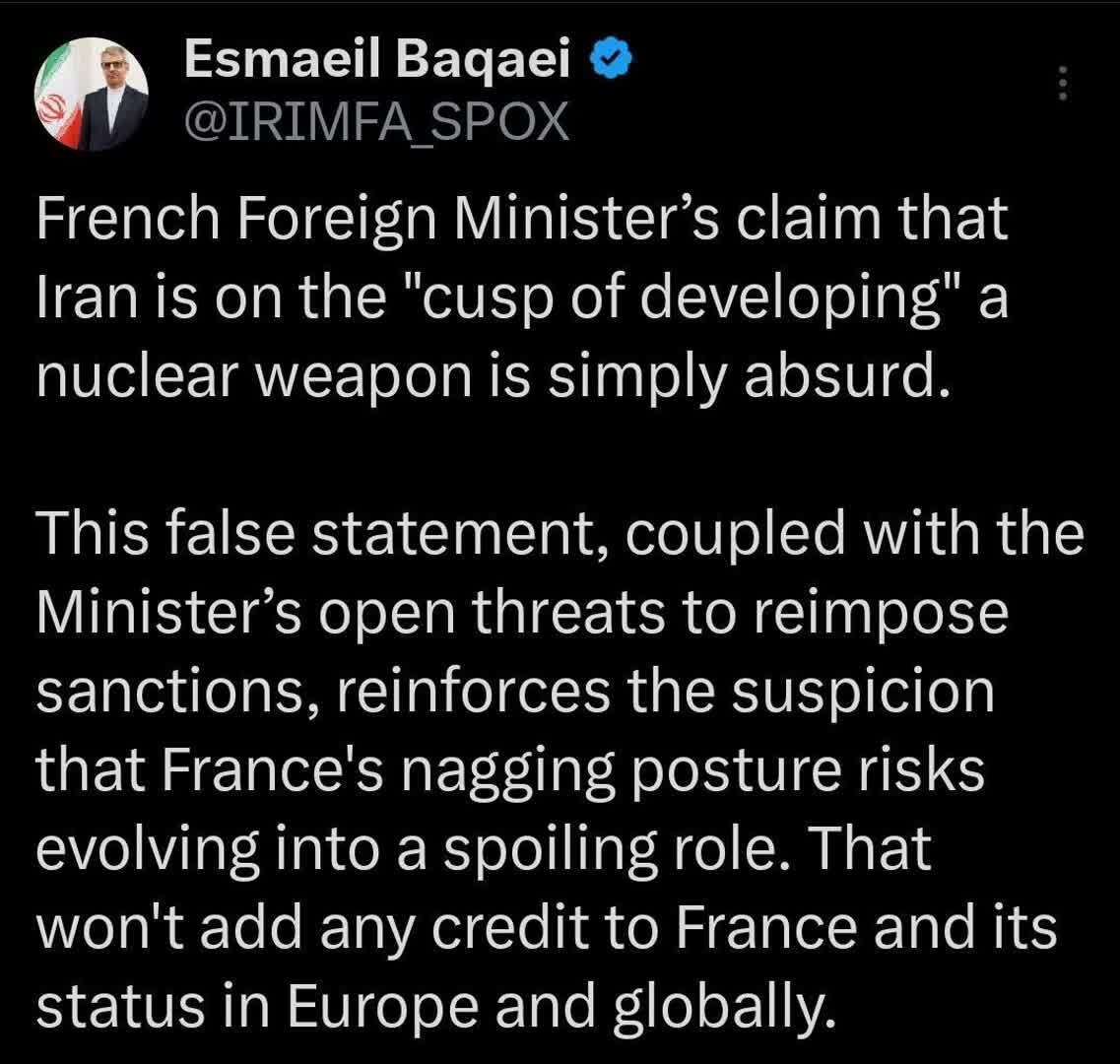 واکنش سخنگوی وزارت خارجه به ادعای فرانسه درباره دستیابی ایران به سلاح هستهای واکنش سخنگوی وزارت خارجه به ادعای فرانسه درباره دستیابی ایران به سلاح هستهای