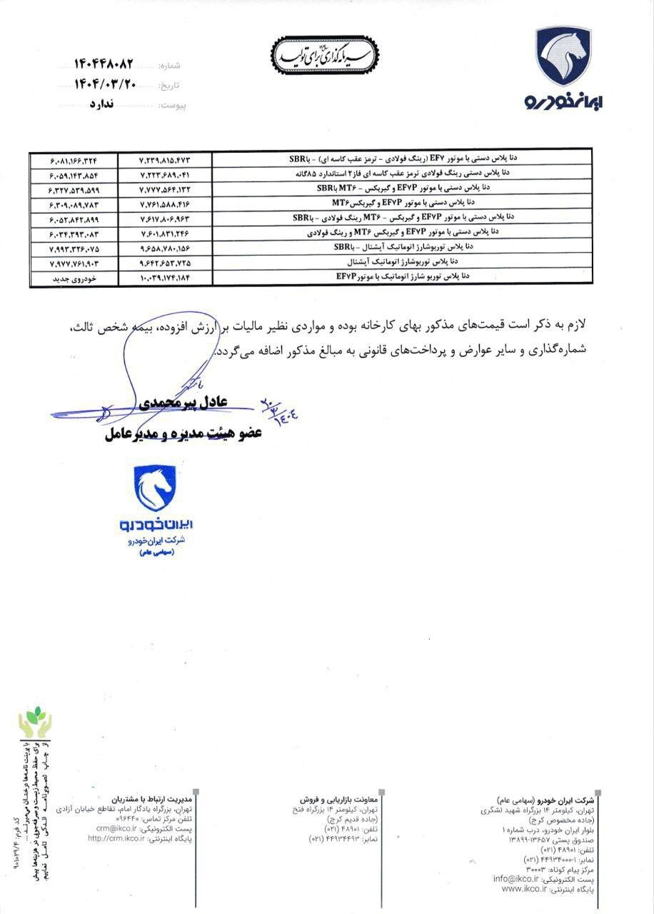 افزایش قمیمت ایران خودرو بالاخره رسمی شد (۲۰ خرداد ۱۴۰۴) +جزئیات افزایش قمیمت ایران خودرو بالاخره رسمی شد (۲۰ خرداد ۱۴۰۴) +جزئیات