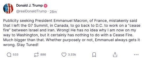 ترامپ: برای چیزی بزرگتر از آتشبس، اجلاس گروه ۷ را ترک کردم ترامپ: برای چیزی بزرگتر از آتشبس، اجلاس گروه ۷ را ترک کردم