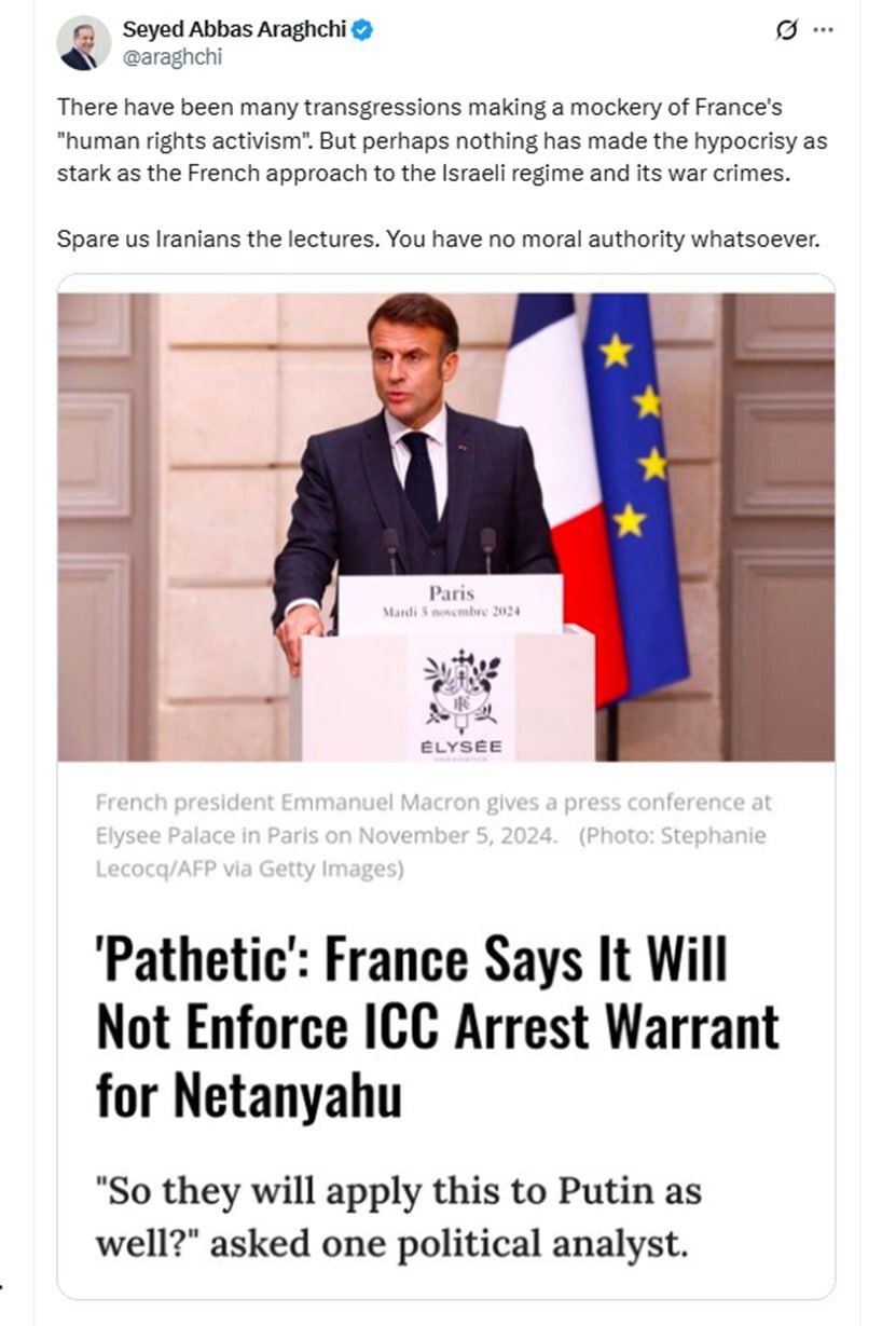 عراقچی خطاب به مقامات فرانسه: هیچ صلاحیت اخلاقی برای ارشاد کردن ایران ندارید عراقچی خطاب به مقامات فرانسه: هیچ صلاحیت اخلاقی برای ارشاد کردن ایران ندارید