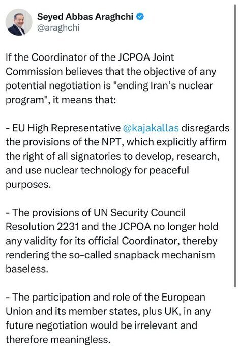 عراقچی: آیا خانم کالاس مفاد معاهده عدم اشاعه (ان پی تی) را نادیده میگیرد؟ عراقچی: آیا خانم کالاس مفاد معاهده عدم اشاعه (ان پی تی) را نادیده میگیرد؟