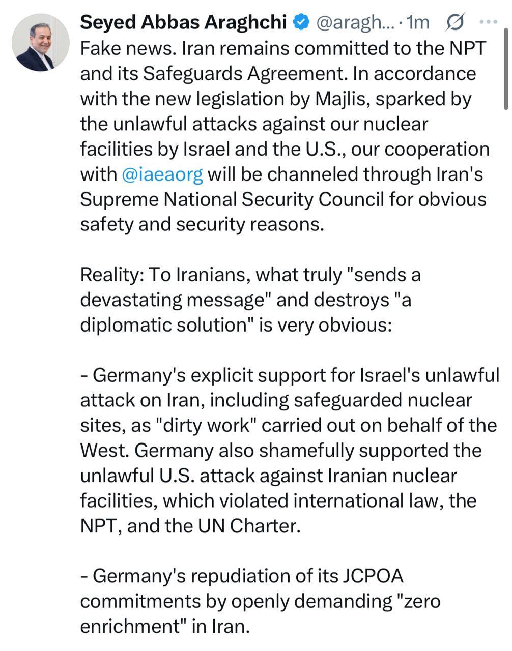 پاسخ عراقچی به خبرسازی جعلی وزارت خارجه آلمان پاسخ عراقچی به خبرسازی جعلی وزارت خارجه آلمان