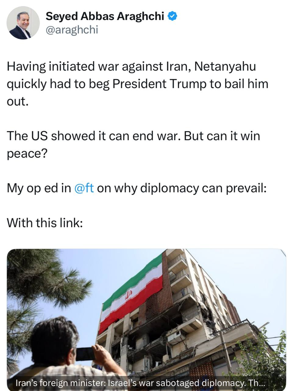 عراقچی «ترامپ» را به چالش کشید: آیا آمریکا می تواند صلح هم برقرار کند؟ عراقچی «ترامپ» را به چالش کشید: آیا آمریکا می تواند صلح هم برقرار کند؟