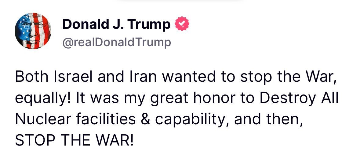 یاوهگویی جدید ترامپ درباره آتشبس میان ایران و اسرائیل (۳ تیر ۱۴۰۴)+تصویر یاوهگویی جدید ترامپ درباره آتشبس میان ایران و اسرائیل (۳ تیر ۱۴۰۴)+تصویر