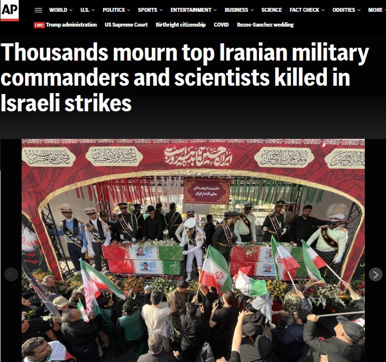 انعکاس حضور میلیونی مردم تهران در مراسم تشییع پیکر شهدای اقتدار در رسانه‌های خارجی + فیلم و عکس