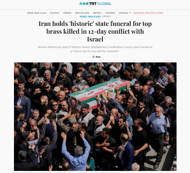 انعکاس حضور میلیونی مردم تهران در مراسم تشییع پیکر شهدای اقتدار در رسانه‌های خارجی + فیلم و عکس