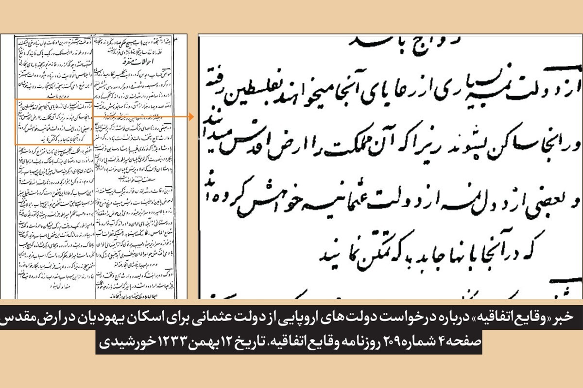 شهرآرا قدیمی‌ترین سند فارسی مطبوعاتی از درخواست یهودیان برای سکونت در فلسطین را برای نخستین‌بار منتشر و بررسی می‌کند. یک خبر در روزنامه «وقایع‌اتفاقیه» ۱۷۰ سال پیش از فلسطینی می‌گوید که «تماما فلسطین» بود.