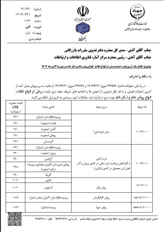 قیمت مصوب جدید نهاده‌های دامی، روغن و شکر خام اعلام شد (یکم مرداد ۱۴۰۴)