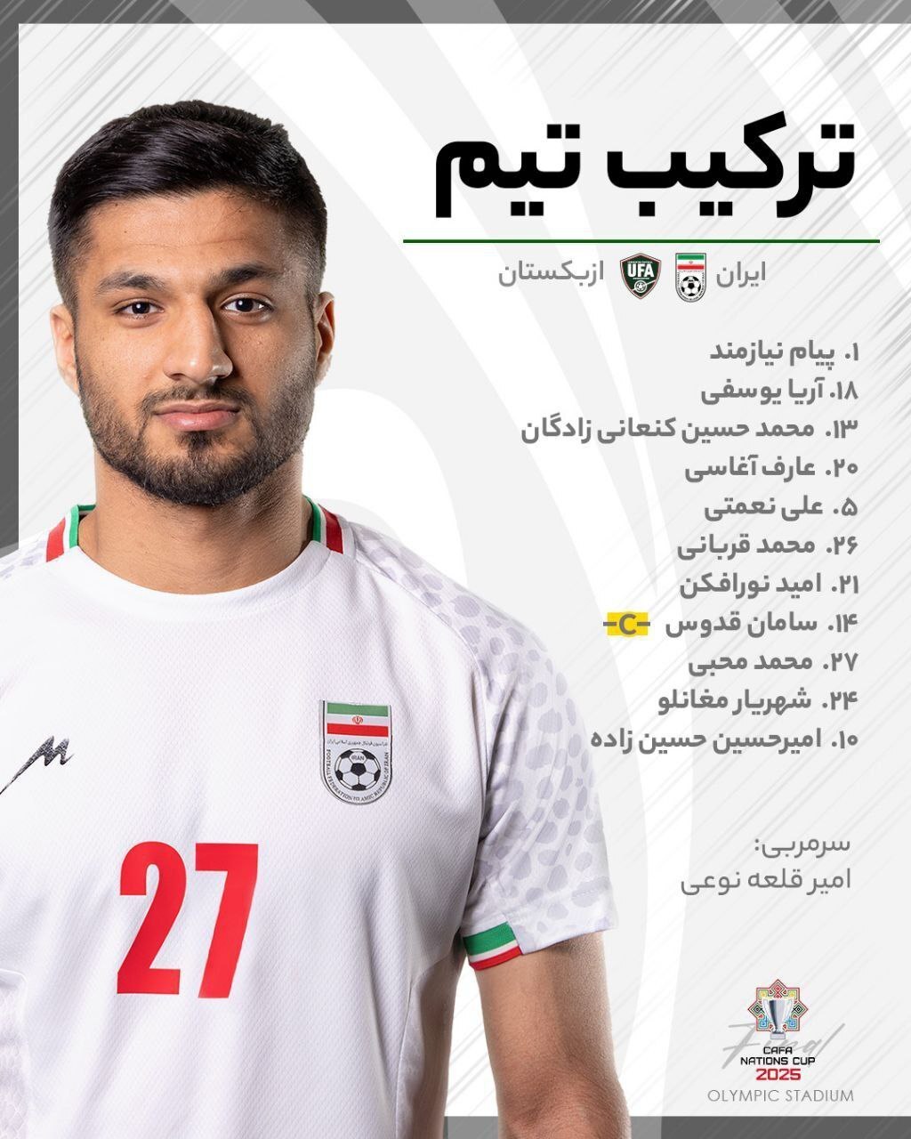 ترکیب تیم ملی ایران و ازبکستان در فینال تورنمنت کافا (۱۷ شهریور ۱۴۰۴) ترکیب تیم ملی ایران و ازبکستان در فینال تورنمنت کافا (۱۷ شهریور ۱۴۰۴)