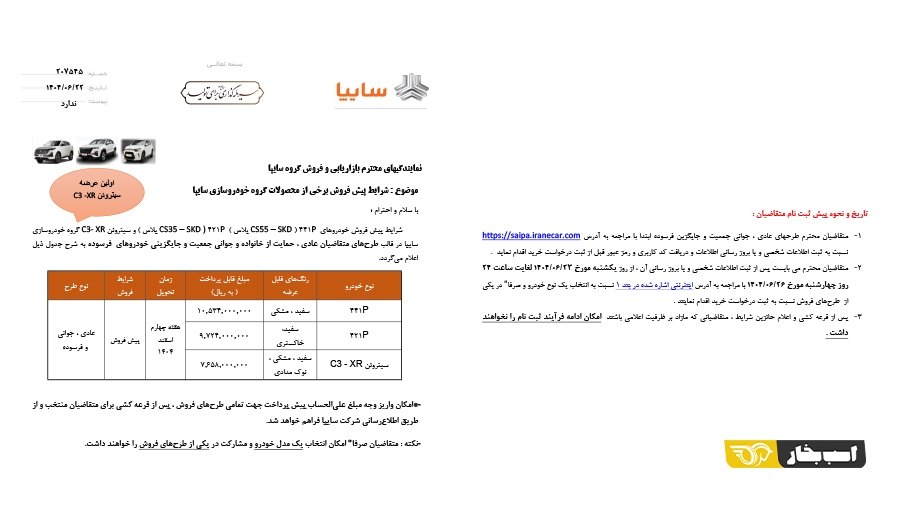 شرایط فروش سیتروئن C ۳-XR توسط سایپا اعلام شد + قیمت و جزئیات (۲۲ شهریور ۱۴۰۴) شرایط فروش سیتروئن C ۳-XR توسط سایپا اعلام شد + قیمت و جزئیات (۲۲ شهریور ۱۴۰۴)
