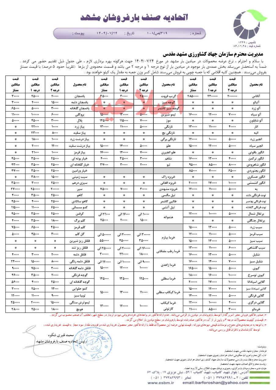 قیمت امروز میوه و تره بار در مشهد (۲۴ مهر ۱۴۰۴) | رطب مضافتی چند؟