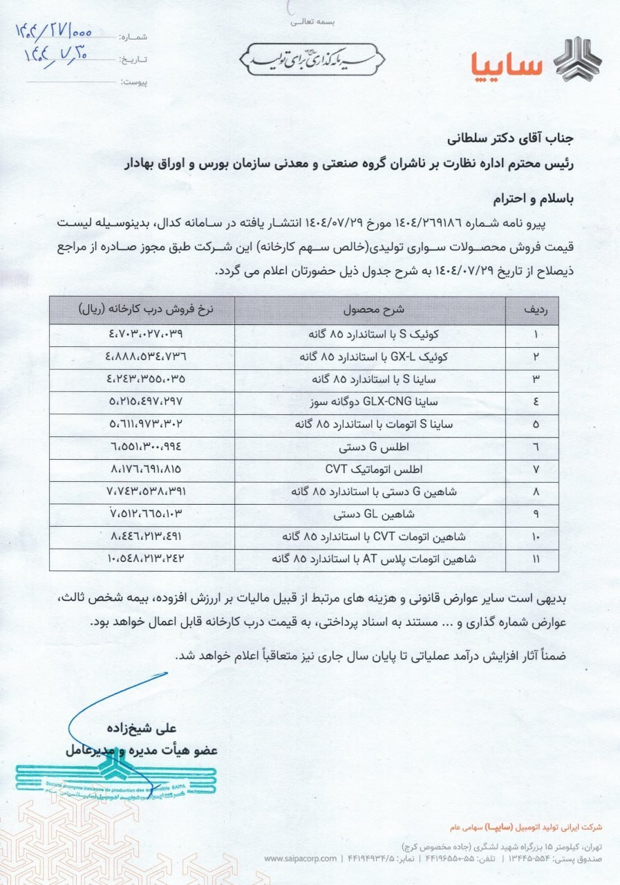 سایپا قیمت جدید محصولات خود را اعلام کرد (۳۰ مهر ۱۴۰۴) + جدول