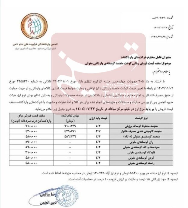 اعلام قیمت انواع گوشت تنظیم بازاری گوساله (۳۰ مهر ۱۴۰۴) + جدول اعلام قیمت انواع گوشت تنظیم بازاری گوساله (۳۰ مهر ۱۴۰۴) + جدول