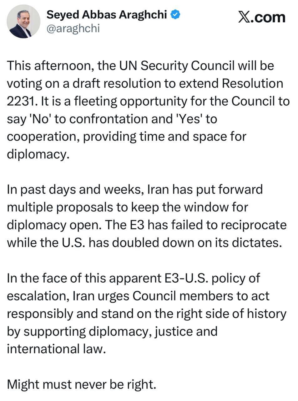 درخواست عراقچی از شورای امنیت سازمان ملل متحد: مسئولانه عمل کنید و در کنار دیپلماسی، عدالت و حقوق بینالملل بایستید درخواست عراقچی از شورای امنیت سازمان ملل متحد: مسئولانه عمل کنید و در کنار دیپلماسی، عدالت و حقوق بینالملل بایستید