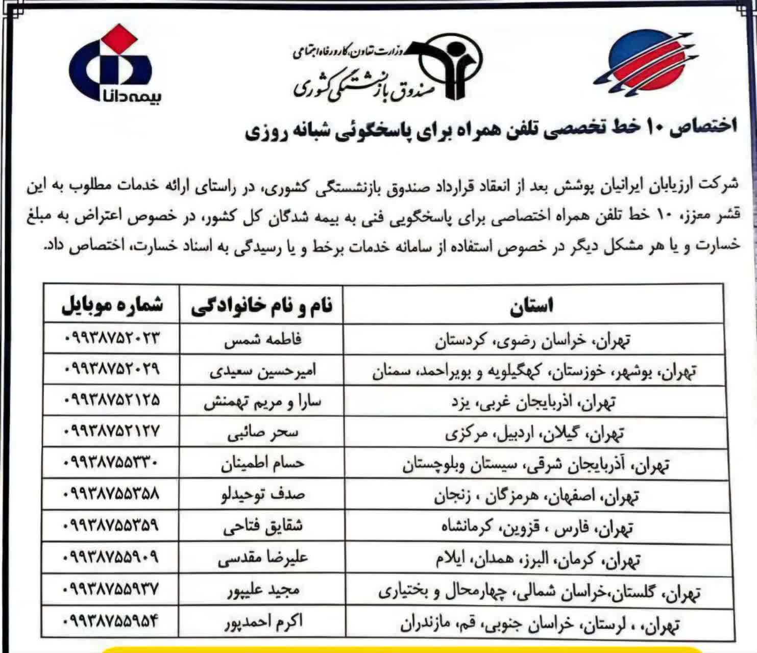 اختصاص ۱۰ خط تخصصی تلفن همراه برای پاسخگوئی شبانه روزی به بازنشستگان کشوری اختصاص ۱۰ خط تخصصی تلفن همراه برای پاسخگوئی شبانه روزی به بازنشستگان کشوری