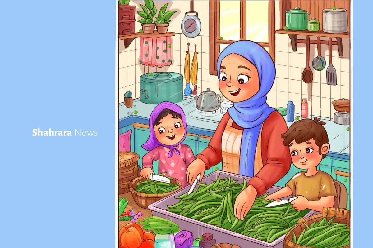 مادر و سارا و سعید مشغول پاک کردن نخودسبز هستند...