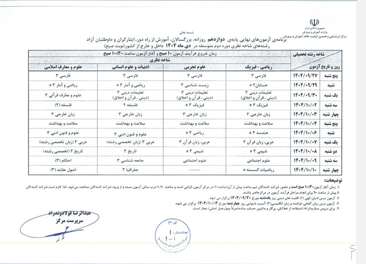 برنامه امتحان نهایی دانشآموزان دوازدهمی اعلام شد (۱۲ آذر ۱۴۰۴) برنامه امتحان نهایی دانشآموزان دوازدهمی اعلام شد (۱۲ آذر ۱۴۰۴)