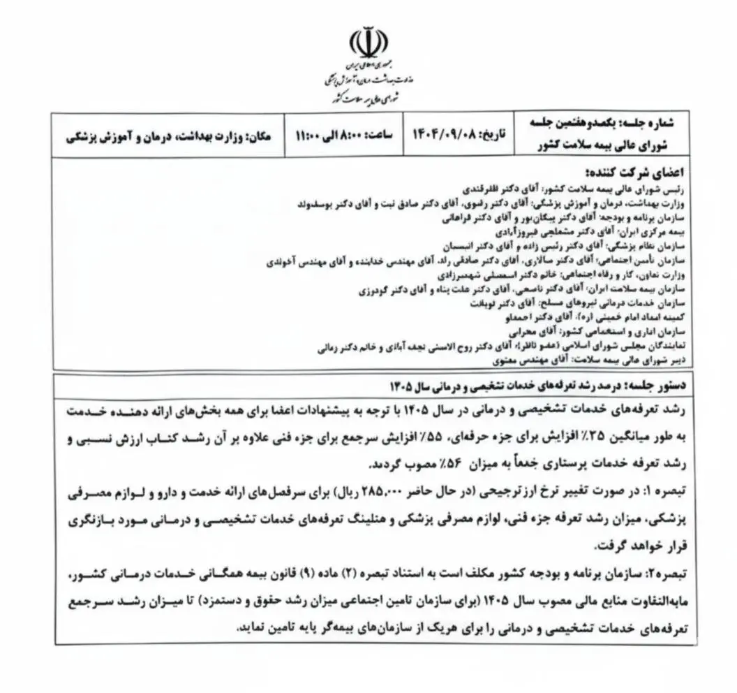 افزایش تا سقف ۵۶ درصدی تعرفههای درمانی بیمه سلامت | در تامین اجتماعی هم اعمال میشود +سند افزایش تا سقف ۵۶ درصدی تعرفههای درمانی بیمه سلامت | در تامین اجتماعی هم اعمال میشود +سند