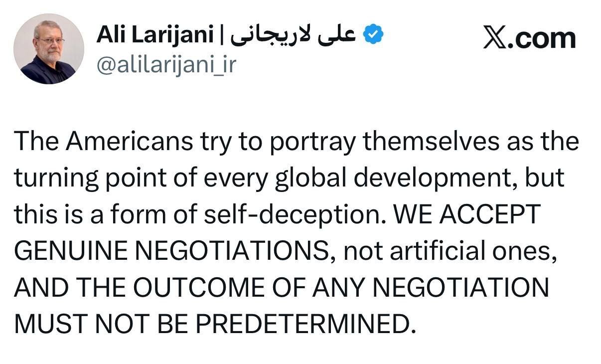 لاریجانی: مذاکره واقعی با طرف آمریکایی را میپذیریم لاریجانی: مذاکره واقعی با طرف آمریکایی را میپذیریم