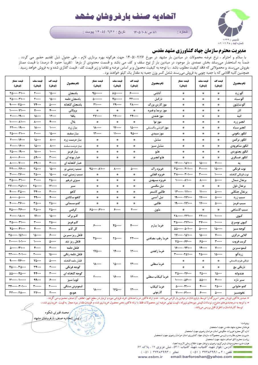 قیمت امروز میوه و تره بار در مشهد (۲۶ اردیبهشت ۱۴۰۵) | نوبرانه زردآلو به بازار آمد قیمت امروز میوه و تره بار در مشهد (۲۶ اردیبهشت ۱۴۰۵) | نوبرانه زردآلو به بازار آمد