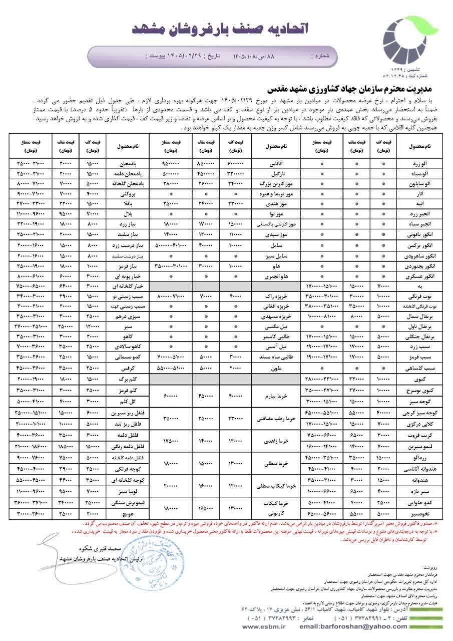 قیمت امروز میوه و تره‌بار در مشهد (۲۹ اردیبهشت ۱۴۰۵) | پیاز، سیب زمینی، خیار و گوجه فرنگی چند؟