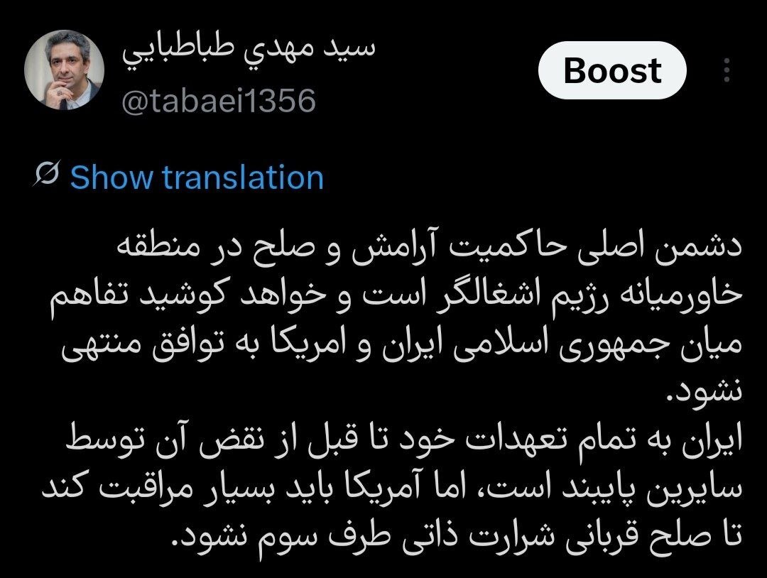 طباطبایی: آمریکا مراقبت کند تا صلح قربانی شرارت ذاتی طرف سوم نشود