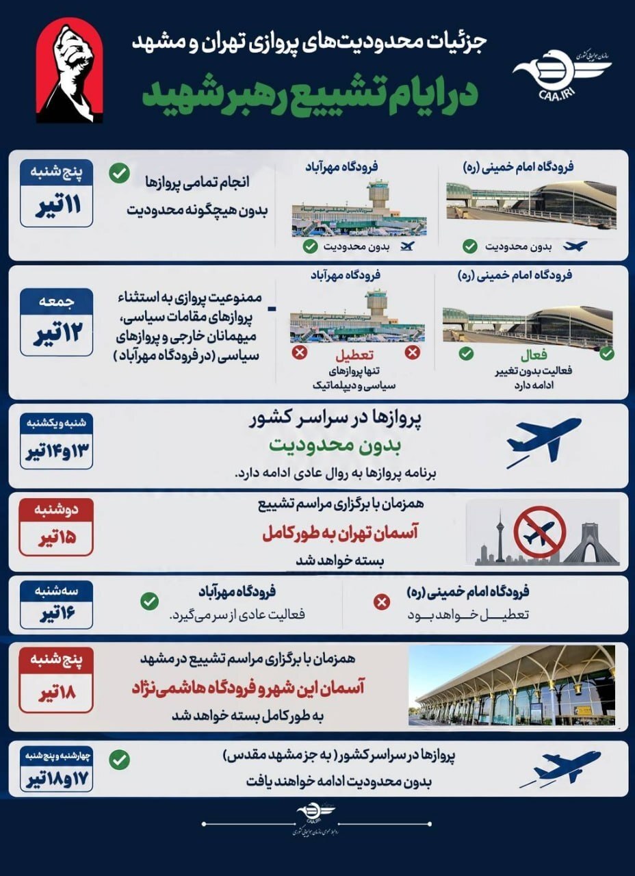 جزئیات تعطیلی فرودگاه‌های کشور در ایام مراسم تشییع رهبر شهید | ۱۸ تیر آسمان مشهد بسته می‌شود