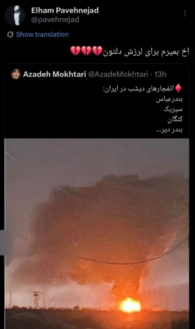 واکنش «الهام پاوهنژاد» به حملات دشمن به شهرهای جنوب کشور + عکس واکنش «الهام پاوهنژاد» به حملات دشمن به شهرهای جنوب کشور + عکس