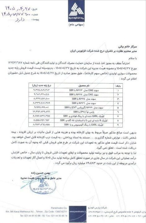 قیمت جدید ۹ محصول پارس خودرو اعلام شد (۲۷ تیر ۱۴۰۵) قیمت جدید ۹ محصول پارس خودرو اعلام شد (۲۷ تیر ۱۴۰۵)
