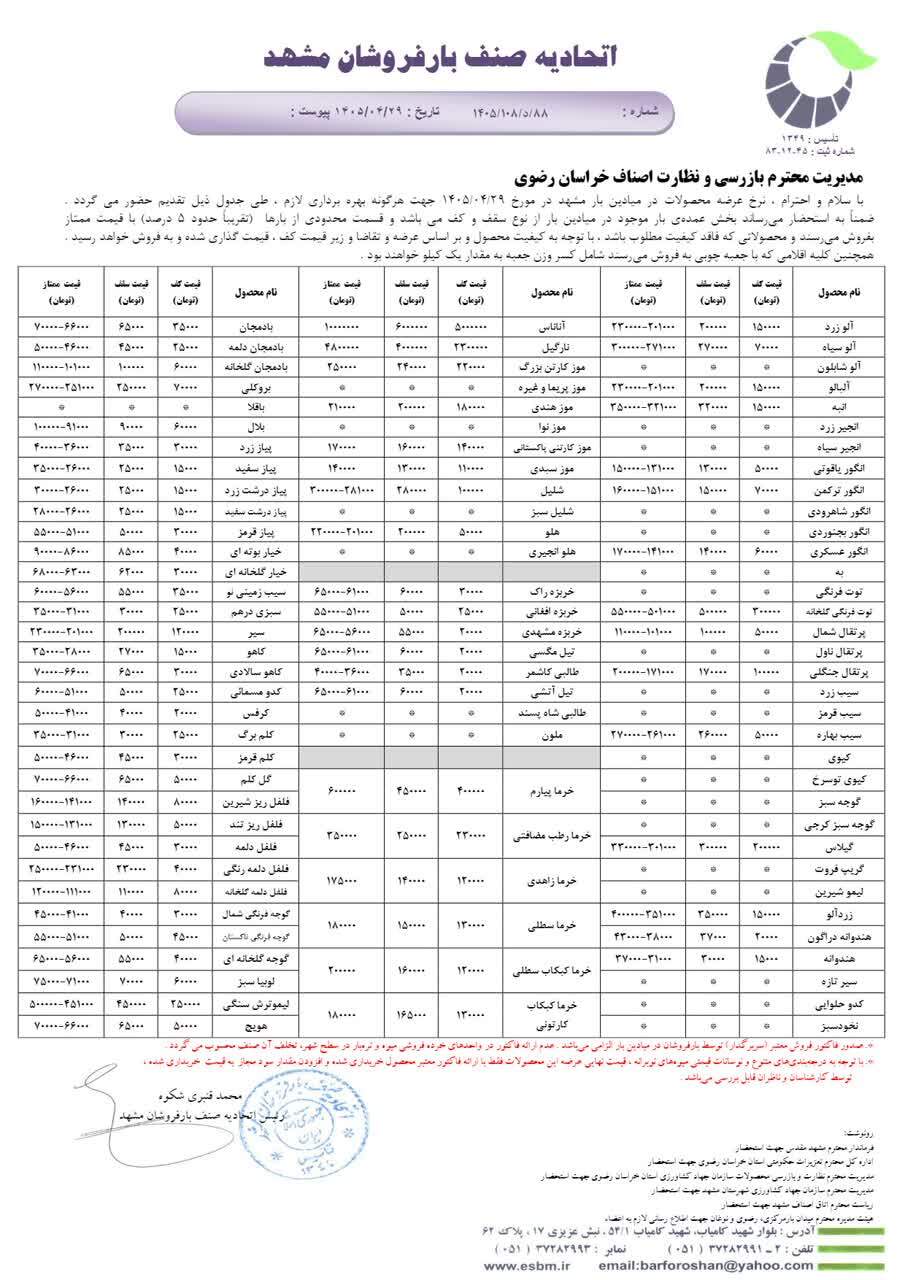 قیمت امروز تره بار در مشهد (۲۹ تیر ۱۴۰۵) | پیاز و سیب زمینی کیلویی چند؟ قیمت امروز تره بار در مشهد (۲۹ تیر ۱۴۰۵) | پیاز و سیب زمینی کیلویی چند؟