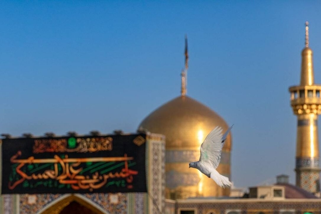 تعویض پرچم گنبد و نصب کتیبه‌های عزای امام حسن عسکری (ع) در حرم مطهر رضوی + تصاویر
