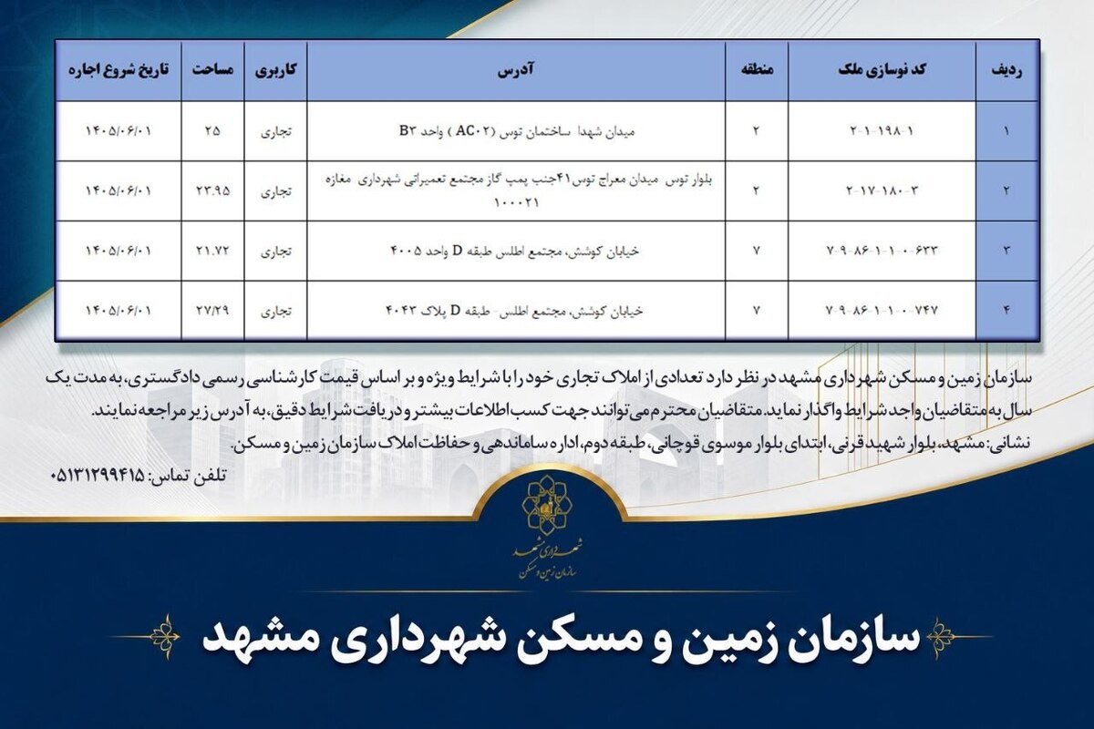 آگهی اجاره املاک تجاری سازمان زمین و مسکن شهرداری مشهد